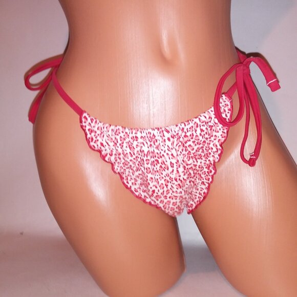 Victoria Secret PINK Swim Bikini Bottom Thong Red White Leopard Ruffle String Ti - Picture 3 of 8